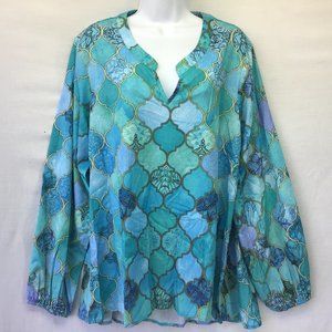 Women 's Top Teal Blue Geo V Neck Long Sleeve Hi-Low Tunic Blouse Size L NWT